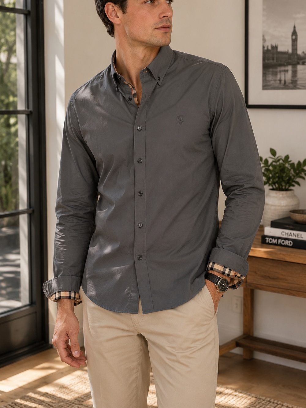 Burberry London Men’s Gray Check Trim Button Down Shirt Size L